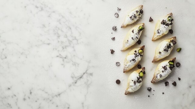 Cannoli are arranged on a white marble background, topped with pistachios and chocolate chips