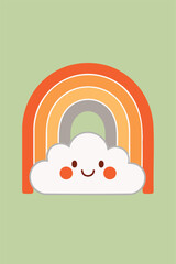 A smiling cloud under a rainbow on a green background
