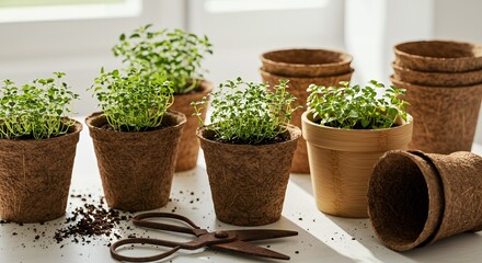 Seedlings in small biodegradable pots are ready for transplanting in the garden, with garden scissors displayed on a white surface.