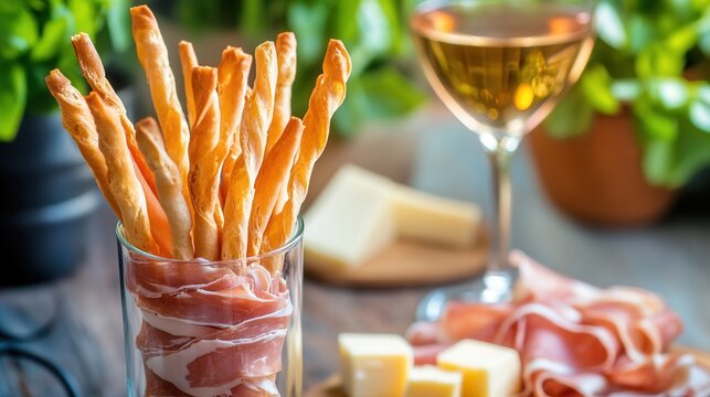A glass of breadsticks and prosciutto is served with cheese and white wine