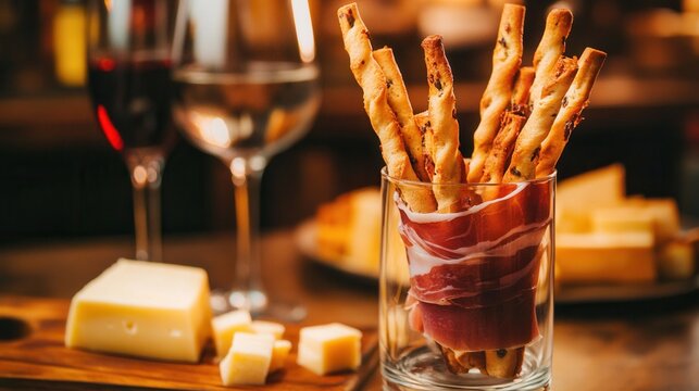 A glass of breadsticks with prosciutto is served with cheese and wine