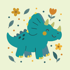 A cartoon triceratops illustration with flowers and leaves