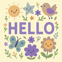 Hello is surrounded by flowers, butterflies, and a bird