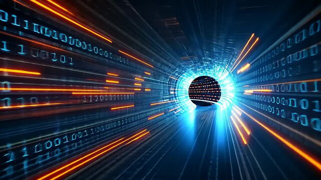 Dynamic visualization of a digital tunnel with binary code flowing, symbolizing data transfer and technology