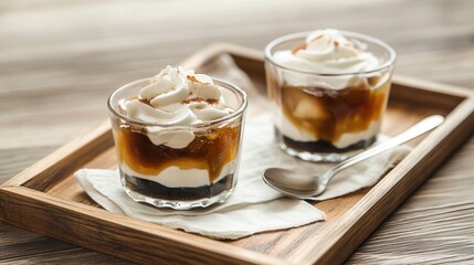 Two coffee jelly desserts are served with whipped cream on a wooden tray