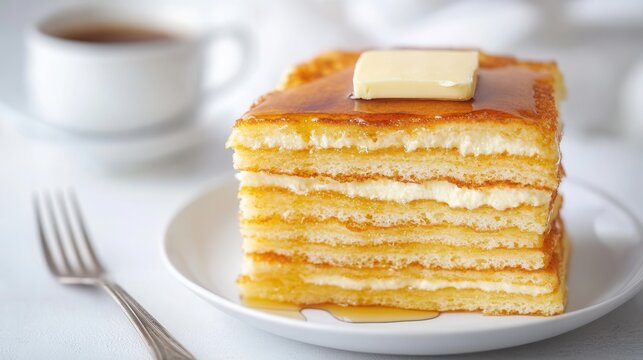 A tall stack of pancakes with butter and syrup on a white plate isolated on white background