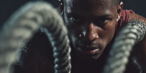 Man Exercising with Battle Ropes During Workout Session
