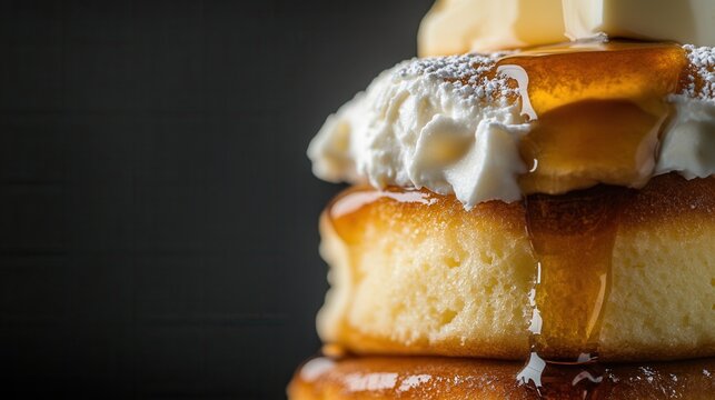 A stack of souffle pancakes is topped with butter, syrup, and whipped cream on a dark background