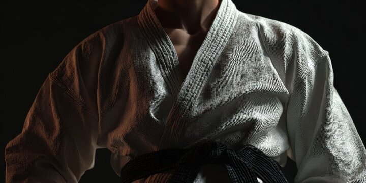 Man Posing in Traditional White Kimono with Black Belt
