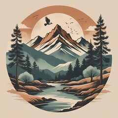 Mint and Teal Vintage Nature Landscape Vector