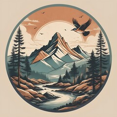 Cool Tone Mountain Illustration in Circular Frame