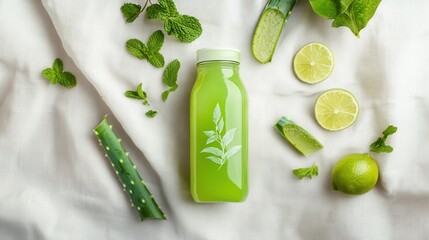 A bottle of green juice with aloe and lime is displayed on a white cloth