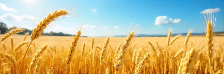 Golden Barley and Wheat Fields Swaying Gently in a Summer Breeze, Creating a Breathtaking Landscape of Ripe Grains Under a Clear Blue Sky. A Picturesque Scene of Agricultural Abundance.