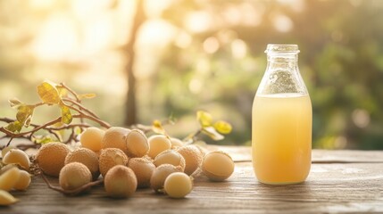 A bottle of longan juice is displayed with fresh fruit on a wooden surface
