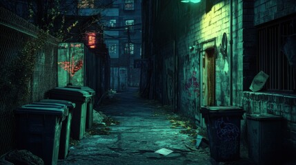 Mysterious Night in Dark Urban Alleyway: A Moody Cityscape at Night