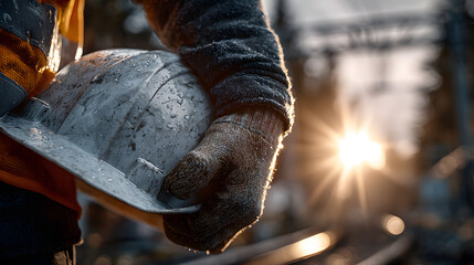Construction Worker's Hand Holds Wet Hard Hat at Sunset