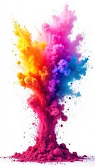 Obraz premium Mesmerizing Colorful Powder Explosion Vibrant Swirl of Paint in Mid-Air Against White Background, Ideal for Abstract Design and Artistic Projects