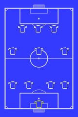 Formation of players 4-3-3 on a blue football pitch. Team play and strategy