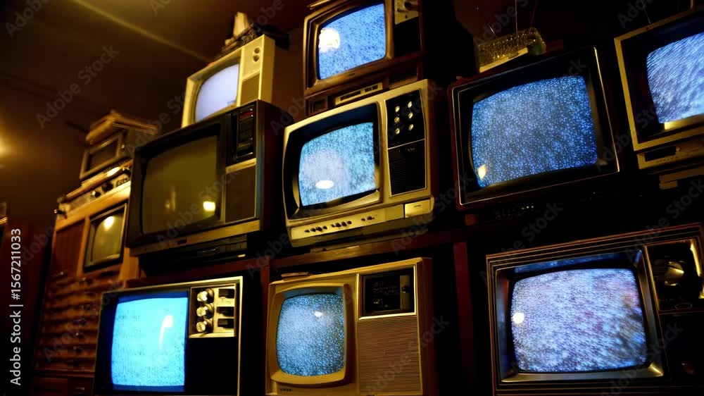 Poster vibrant vintage tv display showing dynamic static interference and screen flickering