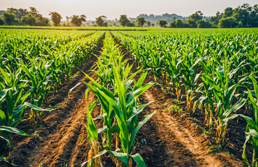 Beautifully organized corn plants growing tall and vibrant in rich farmland
