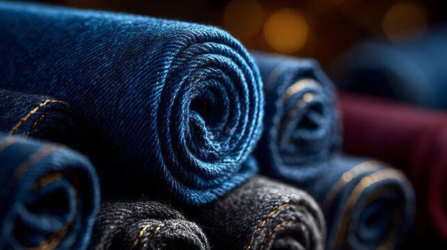 Rolled Blue and Black Denim Fabric Texture Close-up - Powered by Adobe