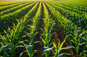 Long symmetrical rows of corn growing strong in well-maintained farmland