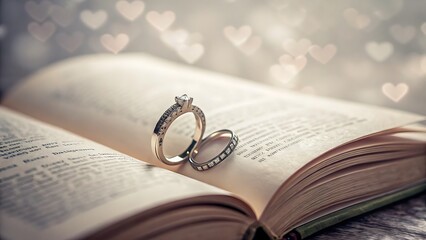 Fototapeta premium Wedding rings resting on an open book with heart shaped bokeh lights in the background