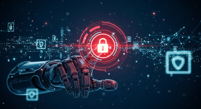 Cybersecurity AI-Powered Robotic Arm Securing Digital Data
