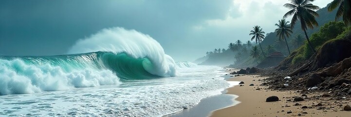 Devastating Tsunami Wave Crashing Over Coastal City, Leaving a Trail of Destruction and Debris A Dramatic Image of Natures Raw Power