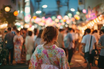 Obraz premium yukata walking through lantern-lit street