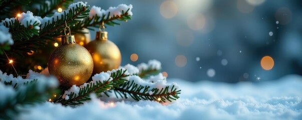 Frosted pine, golden baubles, twinkling lights, snowy scene , joyful, graphic