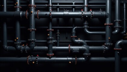 Intricate network of black pipes, industrial texture, steel, technology