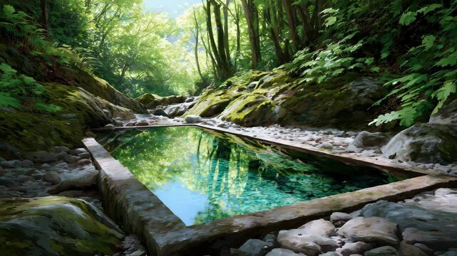 Rectangular stone pool with clear water surrounded by lush green forest, sunlight filtering through trees, tranquil nature, peaceful and refreshing atmosphere, mossy rocks, outdoor serenity