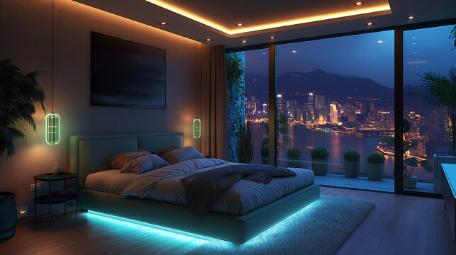 Modern luxury bedroom with ambient LED lighting and cityscape view at night. Ideal for real estate, interior design, or smart home lifestyle content.