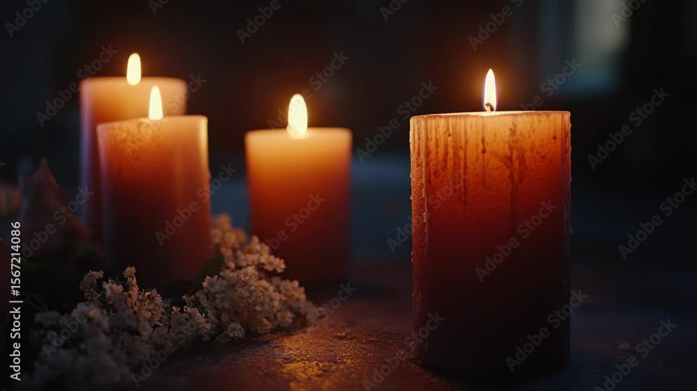 Poster a collection of lit candles casting a warm glow, creating a serene and intimate atmosphere.