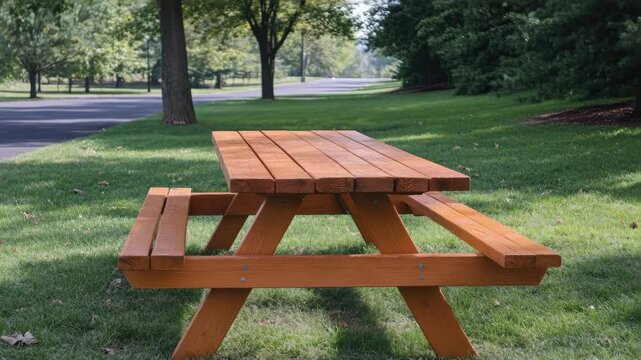 A picnic table set up outdoors in a park, surrounded by trees and grass. A great spot for community gatherings or family picnics.