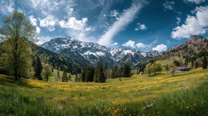 Obraz premium Alpine meadow with snow-capped peaks