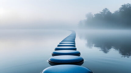 A minimalist and serene path of stepping stones across calm water on a foggy morning