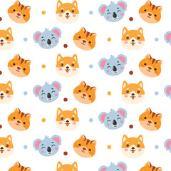 Seamless Pattern with Cartoon Animal Faces
