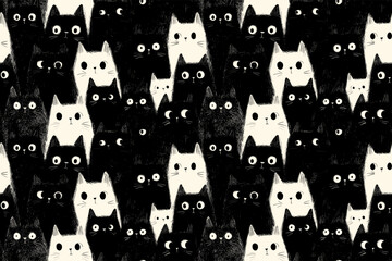 Seamless Flat Vector Pattern of Minimalist Black Cat Faces in Geometric Style for Modern Fabric and T Shirt Printing