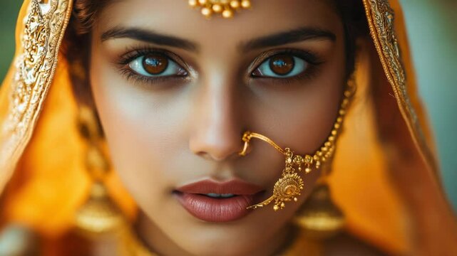 An Indian woman adorned with traditional wedding makeup and jewelry, showcasing henna designs and elegant gold accessories. The  captures the essence of South Asian wedding traditions.