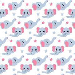 Cartoon Elephant and Stars Seamless Pattern