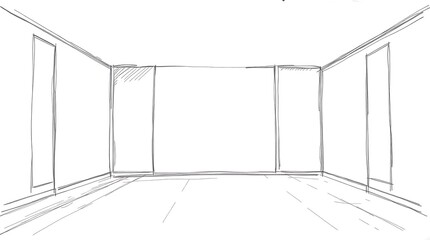 Drawn perspective view of room interior with doors in an art sketch