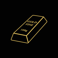 A single gold bar, 100g, rests against a black background.  The words "Gold Fine" are subtly inscribed.