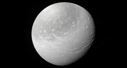 A detailed, full-disk rendering of Dione, one of Saturn's moons, showcasing its heavily cratered, icy surface with prominent bright wispy streaks, indicative of tectonic fractures.