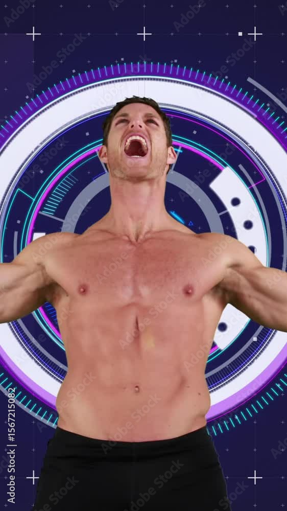 Poster animation of boxer celebrating with scope scanning and data processing