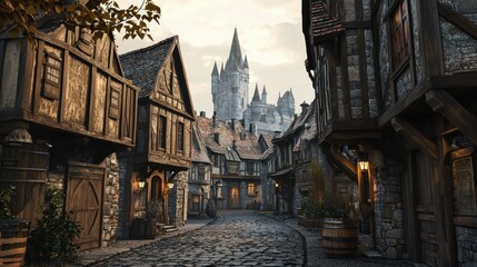 Fototapeta premium Warmly lit medieval fantasy street with timber-framed houses, stone facades, and a majestic castle in the background, perfect for game art, fantasy concepts, or storytelling scenes