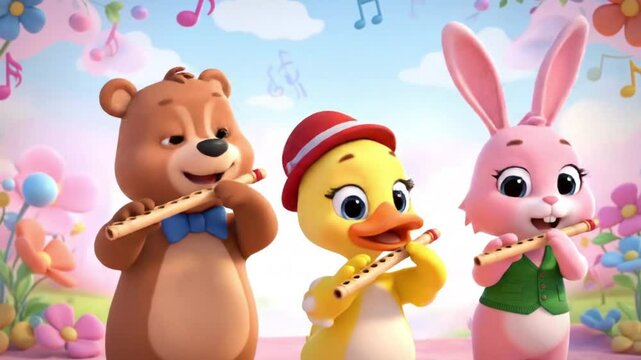 Cartoon animals joyfully play flutes outdoors in a musically themed scene, creating a whimsical atmosphere with digital art and copy space.