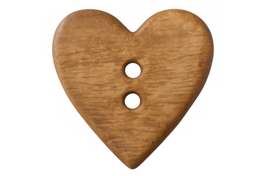 Wooden heart-shaped button featuring two holes, set against transparent backdrop, perfect for crafting and sewing projects - Powered by Adobe
