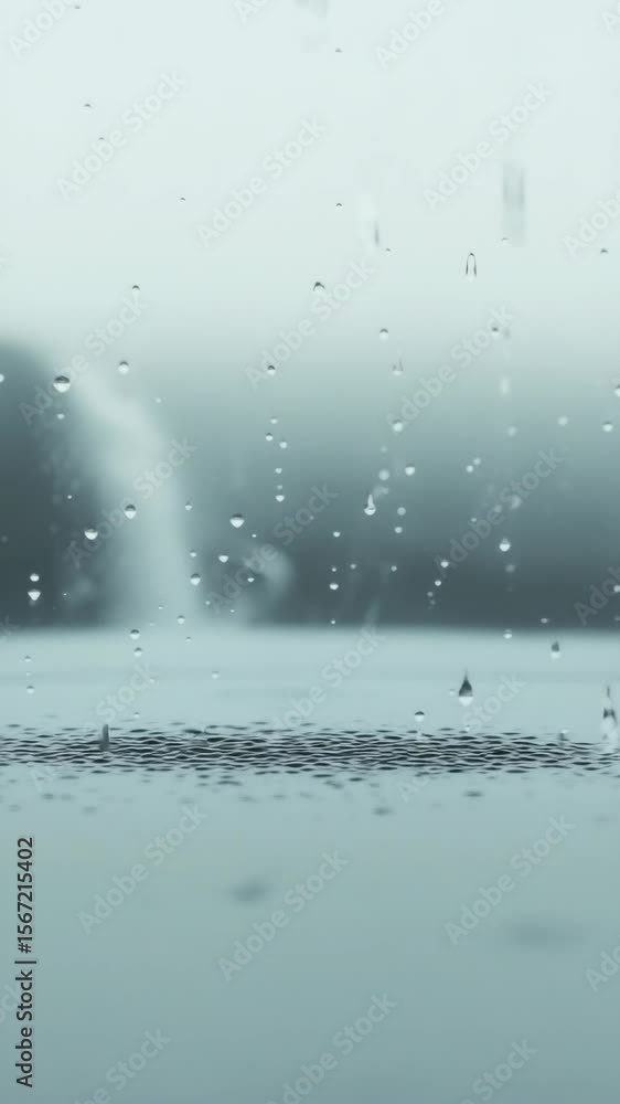 Poster close-up, low-angle shot capturing raindrops splashing on a surface, creating a serene and calming a